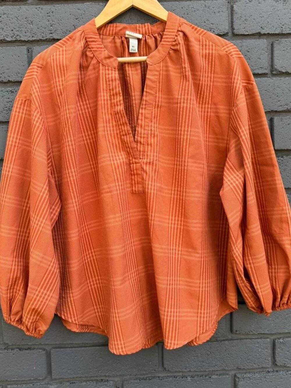 A New Day Women Orange Plaid Split Neck Balloon Sleeve Blouse Top XL/XXL Cottage